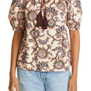 A.L.C Women's US6 Cream Blue Elly Top Print Tassel Tie Neck Puff Sleeve Blouse